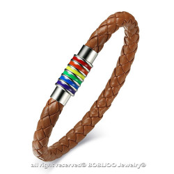 BR0255 BOBIJOO Jewelry Leather Strap Steel Gay Homo Rainbow Brown