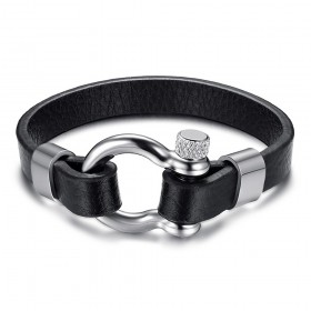 BRH0001 BOBIJOO Jewelry Bracelet Nautical Screw Anchor Sailor Man Black Leather Steel