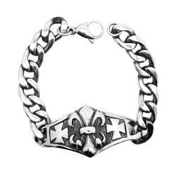 Pulsera de cuero trenzada negro acero inoxidable beads cruz lirio Fleur de Lis Biker
