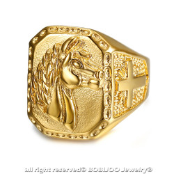 BA0270 BOBIJOO Jewelry Signet Ring Man of the Horse Head Steel Gold Cross