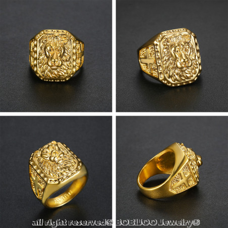 BA0271 BOBIJOO Jewelry Signet Ring Man of Lion-headed Steel Gold Cross