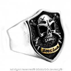 Bague Chevalière Crâne Biker Tibias Tête de Mort Acier Or bobijoo