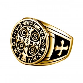 BA0290 BOBIJOO Jewelry Signet Cross Ring Saint Benedict Patina Gold