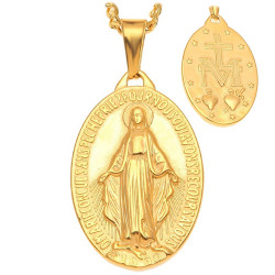Grand Pendentif Médaillon Vierge Miraculeuse Marie Acier Or bobijoo