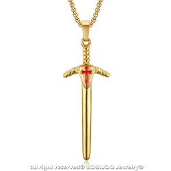 PE0228 BOBIJOO Jewelry Pendant Templar Sword Red Cross Steel Gold + Chain