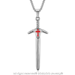 PE0229 BOBIJOO Jewelry Pendant Templar Sword Cross Red Silver + Chain