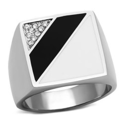Bague Chevalière Cabochon Email Noir Blanc Faux Diamants bobijoo