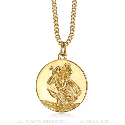 PE0260 BOBIJOO Jewelry Pendant Necklace, Saint Christopher Traveller Steel Gold 20mm