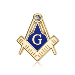 Pins Masonic G Equerre Compas Bleu Doré à l'Or Fin Zirconium IM#18557