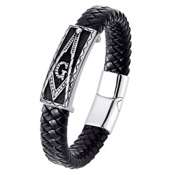 BR0107B BOBIJOO Jewelry Bracelet Freemason Man Black Leather Stainless Steel