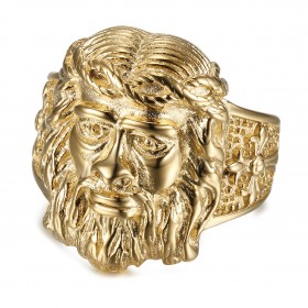 Ring Signet ring Head of Jesus Steel Gold Man Cross   IM#19199