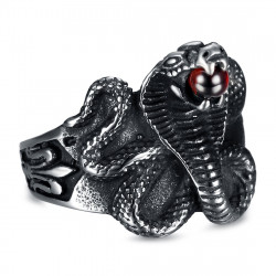 BA0240R BOBIJOO Jewelry Cobra snake ring Red stone orb Fleur-de-lys Steel