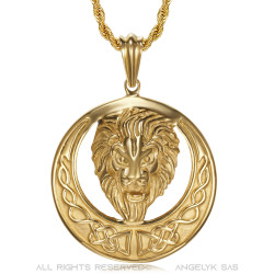 Collier lion, imposant soleil et tête rayonnante, Acier et Or bobijoo