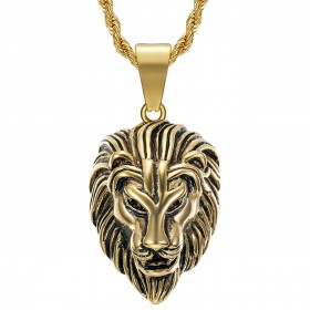 PE0331 BOBIJOO Jewelry Men's lion head necklace Steel Gold Vintage