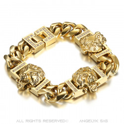 Bracelet lion Gourmette luxe 3 têtes Or Diamants bobijoo