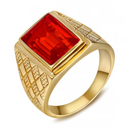 Signet Ring Man Stone Red Rectangle Steel Gold IM#20479