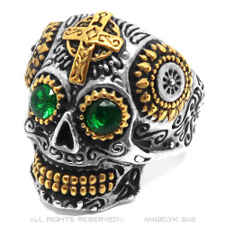BA0234 BOBIJOO Jewelry Mexican skull ring Steel Gold Green eyes
