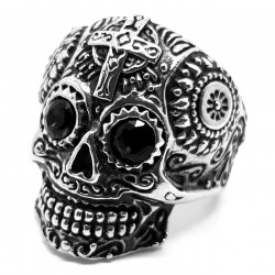 BA0331 BOBIJOO Jewelry Mexican skull ring Steel Silver Black eyes