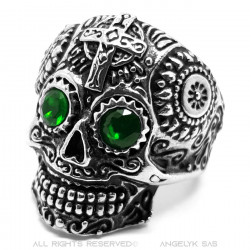 BA0332 BOBIJOO Jewelry Mexican skull ring Steel Silver Green eyes