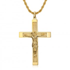 PE0346 BOBIJOO Jewelry Cross pendant with Christ, 55mm Steel & Gold, twisted chain