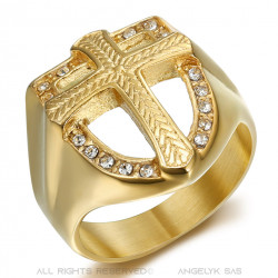 BA0226 BOBIJOO JEWELRY Ring cross Signet ring coat of arms shield Steel Gold Diamond