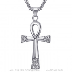 PE0125 BOBIJOO JEWELRY Cross of Life Pendant 60mm Stainless Steel Silver Diamonds Necklace