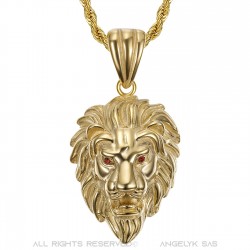 Pendentif Tête de Lion Acier Or Yeux Rouge Rubis + Chaîne  IM#22096