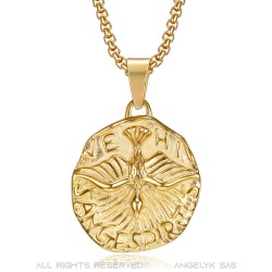 Pendant, Holy Spirit Veni, Sancte Spiritus Steel Gold + Chain  IM#22108