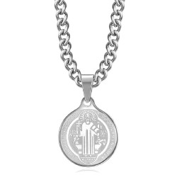 Pendentif Médaille Collier Saint Benoît Acier Argent Chaîne  IM#22141