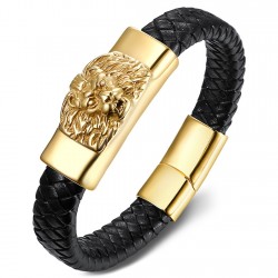 Black Leather Bracelet Braided Head of Lion Steel Gilded Gold Man  IM#22179