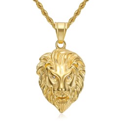 Pendentif tête de lion Yeux diamants Acier inoxydable Or   IM#22289