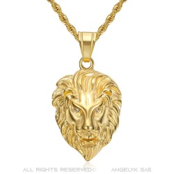 Pendentif tête de lion Yeux diamants Acier inoxydable Or   IM#22290