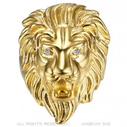 Anillo de cabeza de león para hombre Ojos de diamante Acero inoxidable Oro IM#22343