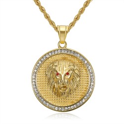 Lion pendant medallion head Stainless steel Gold Diamond Ruby IM#22349
