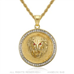 Anhänger Löwe Medaillon Kopf Edelstahl Gold Diamant Rubin IM#22350