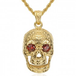 Men's skull necklace Maya Biker Stainless Steel Ruby Gold IM#22367