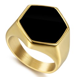 Hexagonal black cabochon ring France Stainless steel Gold IM#22403