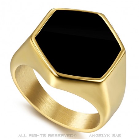Hexagonal black cabochon ring France Stainless steel Gold IM#22404