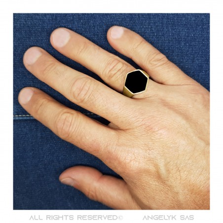 Hexagonal black cabochon ring France Stainless steel Gold IM#22405