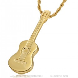 Gypsy Guitar Pendant Gold Steel Necklace IM#22475
