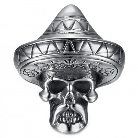 Bague mexicaine Sombrero Biker Skull Acier inoxydable Argent   IM#23287