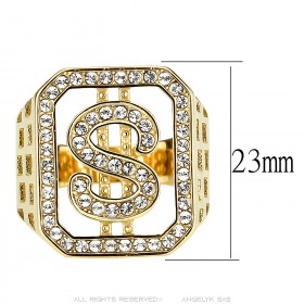 Bague Chevalière Signe Dollar $ Or Strass Bling   IM#23309