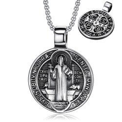 Médaille Saint Benoît en pendentif Acier inoxydable Argent  IM#24179