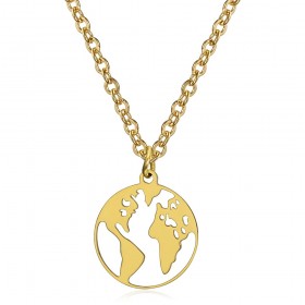 Pendentif carte du Monde mappemonde Acier inoxydable Or  IM#24714