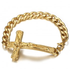 Gourmette Bracelet Jesus on the Cross Stainless Steel Gold IM#24747