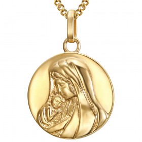 Colgante Medalla Redonda Virgen y Niño Acero Inoxidable Oro IM#24827