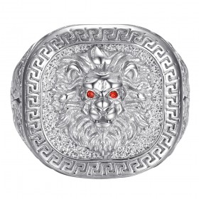 Lion head ring greek key Stainless steel Silver Red Ruby IM#25136