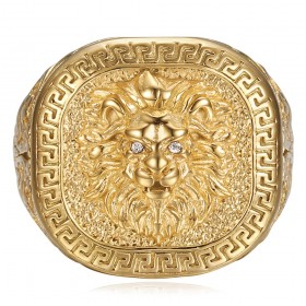 Lion head ring with greek key Stainless steel Gold Diamond IM#25143