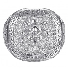 Lion head ring greek key Stainless steel Silver Diamond IM#25150