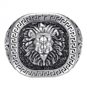 Lion head ring greek key Stainless steel Silver Black Diamond IM#25157